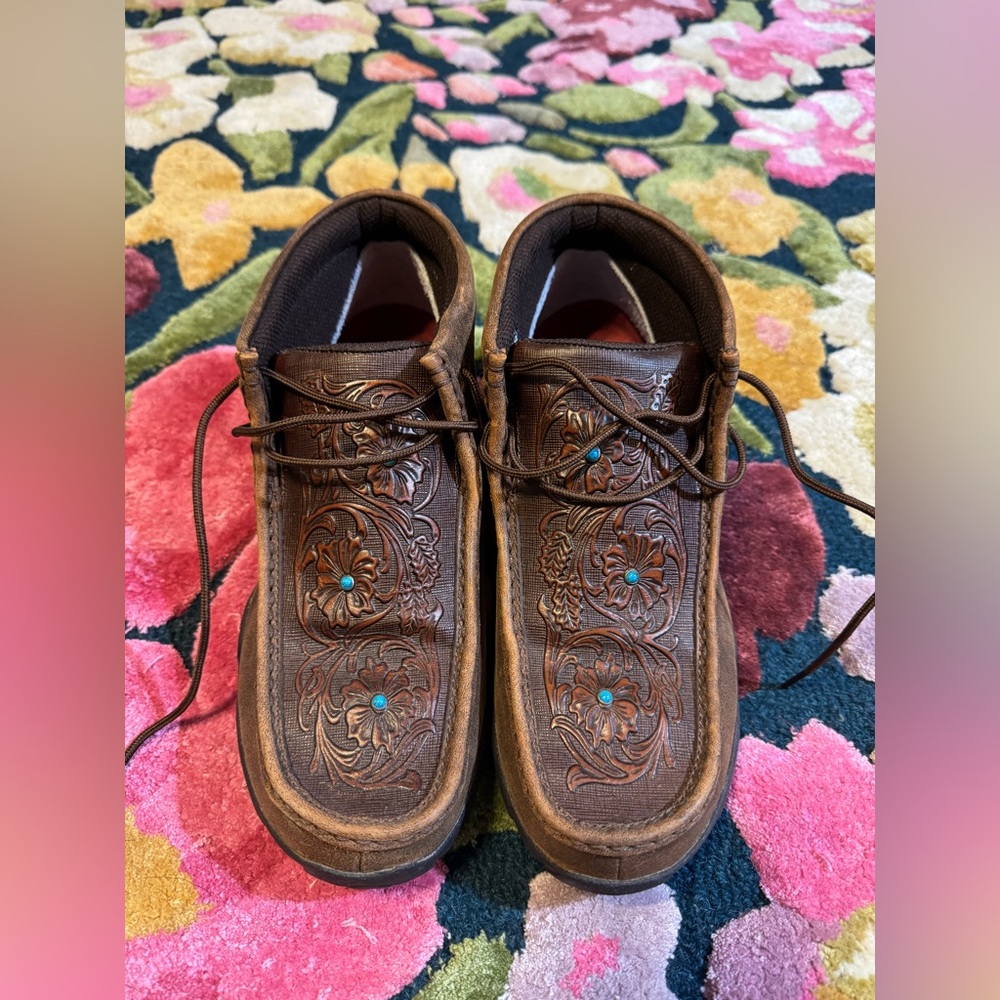 Twisted X Women's Chukka Mocs in Dark Brown with Turquoise accents, size 8.5
